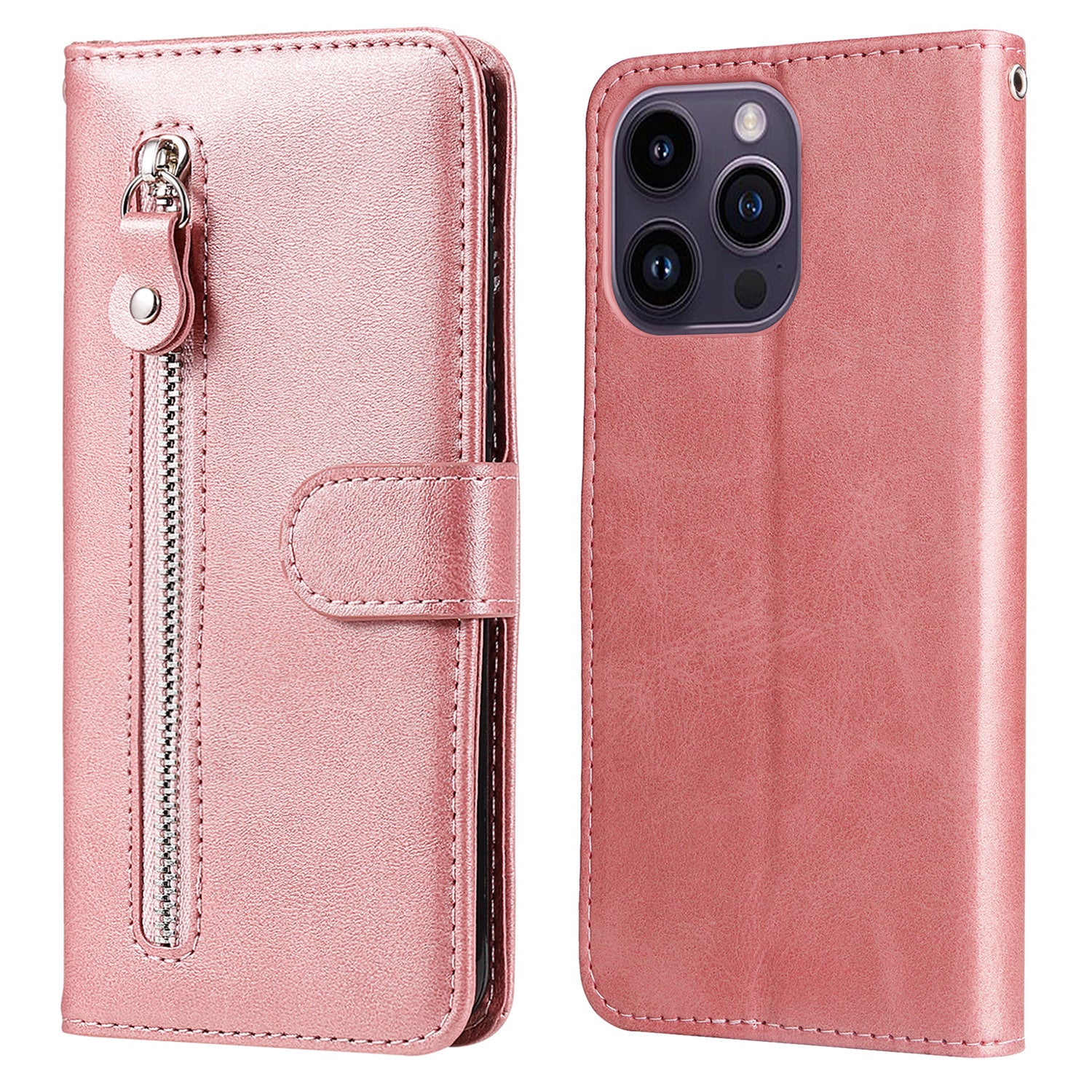 Uniqkart for iPhone 15 Pro Max Anti-Scratch Calf Texture Phone Case Zipper Pocket Wallet Foldable Stand Cover - Pink Uniqkart for iPhone 15 Pro Max Anti-Scratch Calf Texture Phone Case Zipper Pocket Wallet Foldable Stand Cover - Pink